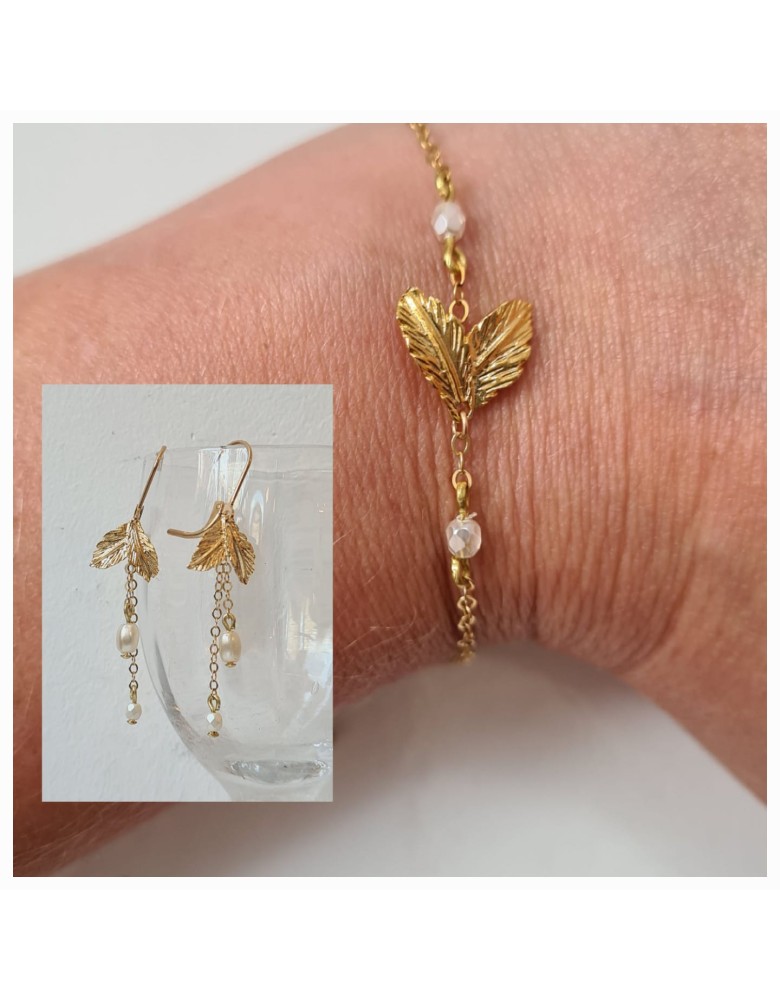 Parure 2 pièces Petite Feuille Longues Bracelet et Boucles d'oreilles